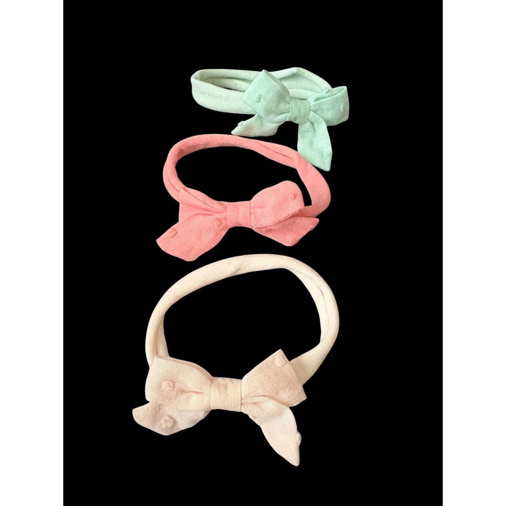 Infant Baby Girl Bow Headbands Lot of 3 Mint Pink Cream Soft Nylon
